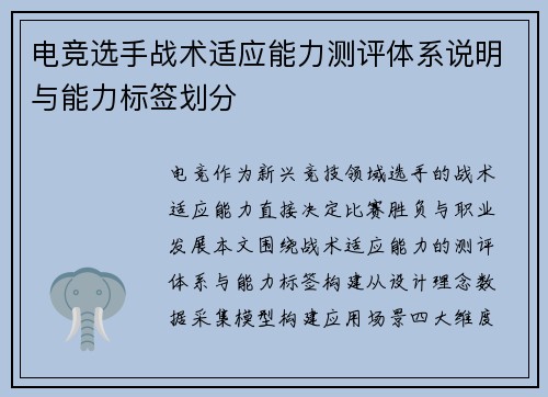 电竞选手战术适应能力测评体系说明与能力标签划分