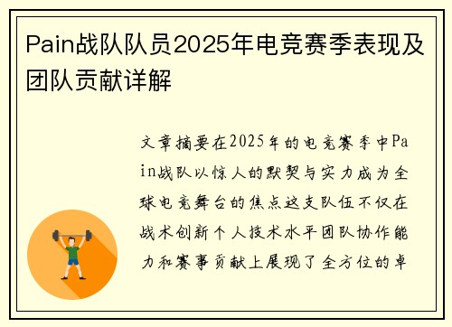 Pain战队队员2025年电竞赛季表现及团队贡献详解